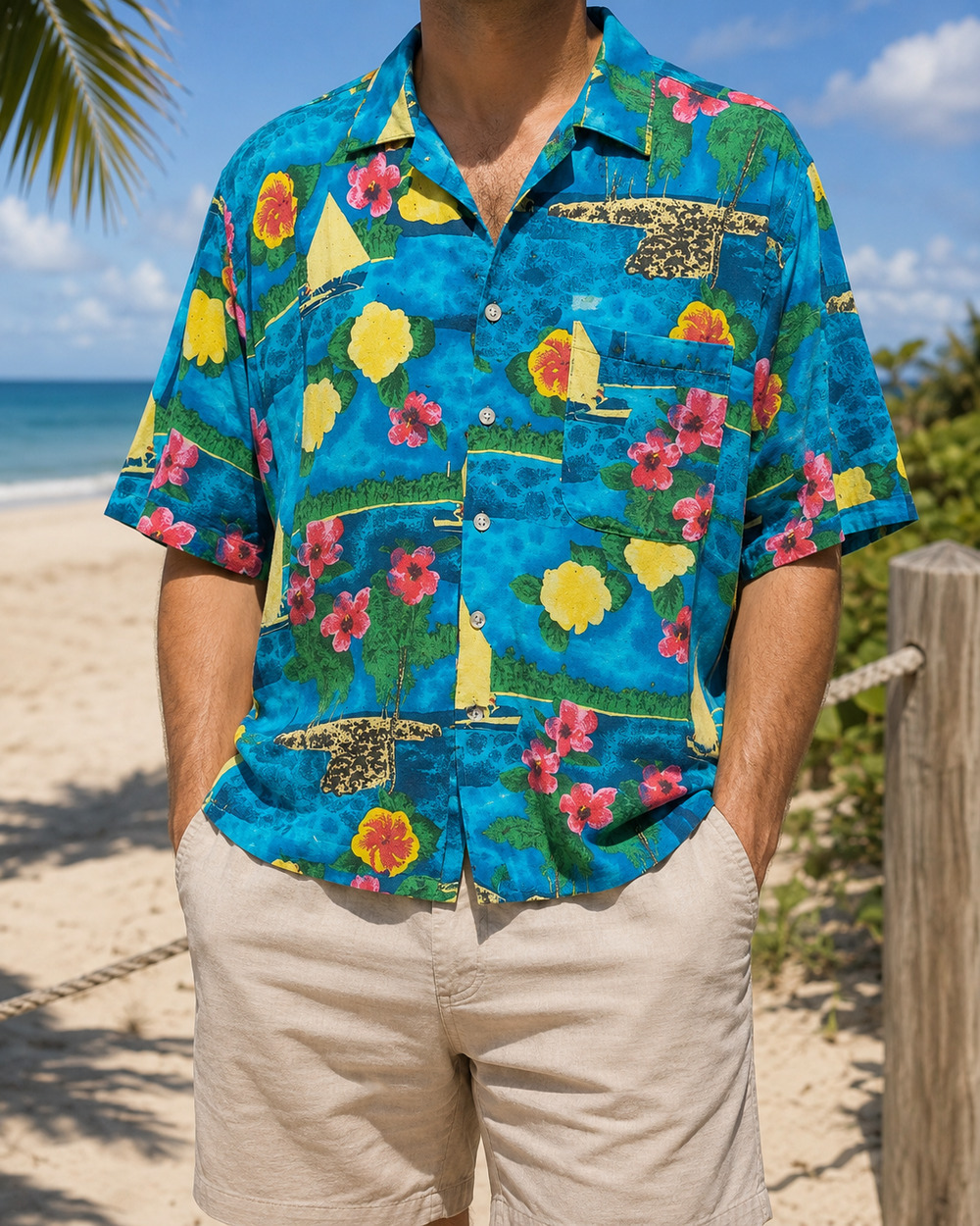 Vtg 90s Tropical Hawaiian Camp Shirt Beach Button Up Men's Blue Floral Resort L
